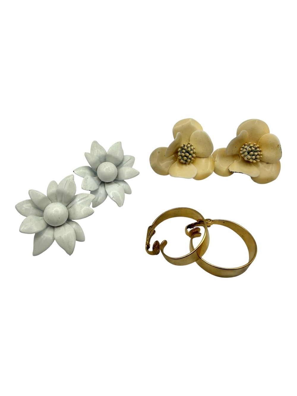 VTG 60s/70s Clip On Earring Lot (3 Pairs) - Enamel Florals & Chunky Gold Hoops